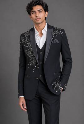 Black embroidered peak lapel tuxedo set 1
