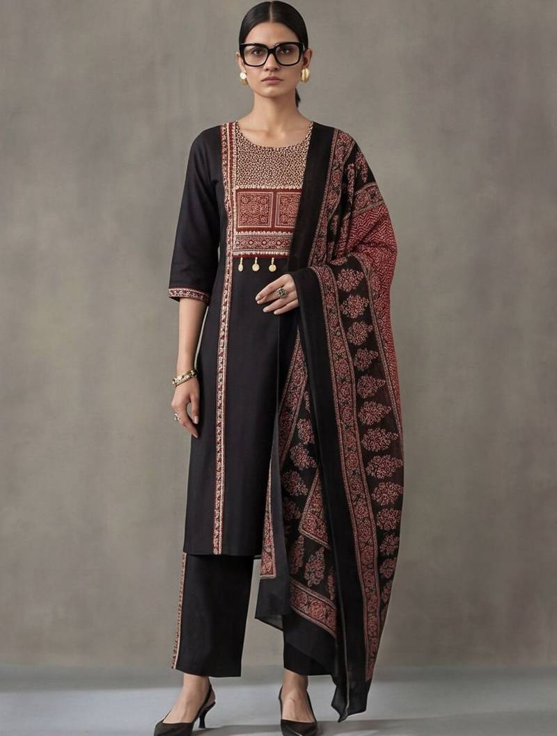 tailored women ethnic motifs embroidered regular thread work cotton kurta with trousers & with dupatta