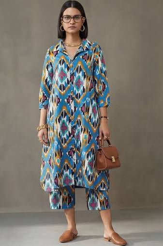 workwear women printed regular cotton kurta with trousers