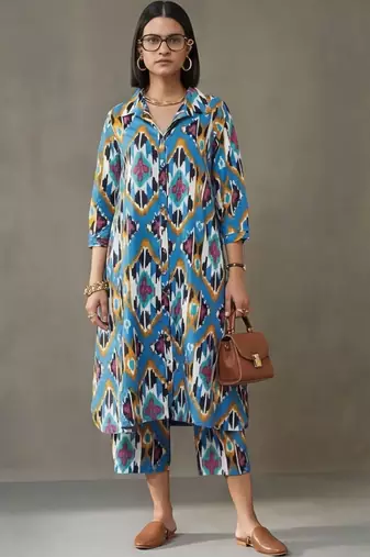 workwear women printed regular cotton kurta with trousers