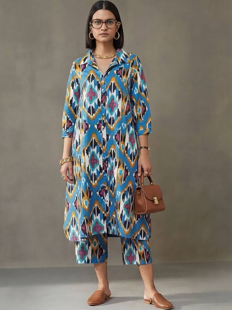 workwear women printed regular cotton kurta with trousers