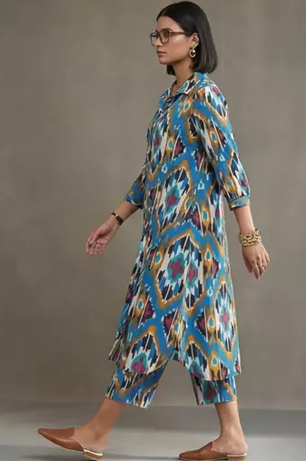workwear women printed regular cotton kurta with trousers