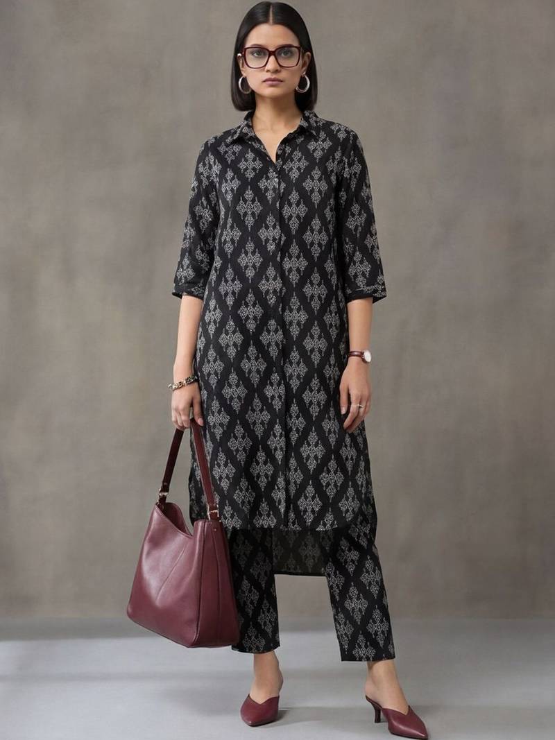 everyday workwear women printed regular cotton kurta with trousers