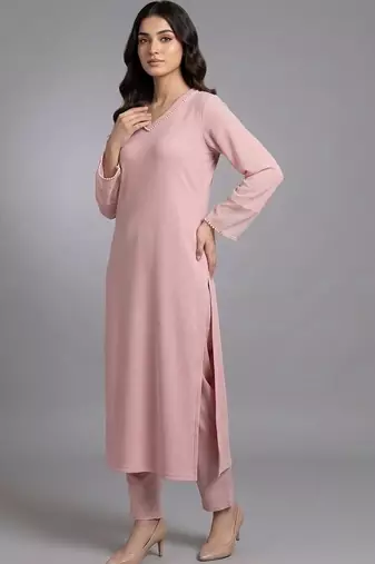 smart women regular beads and stones silk crepe kurta with trousers