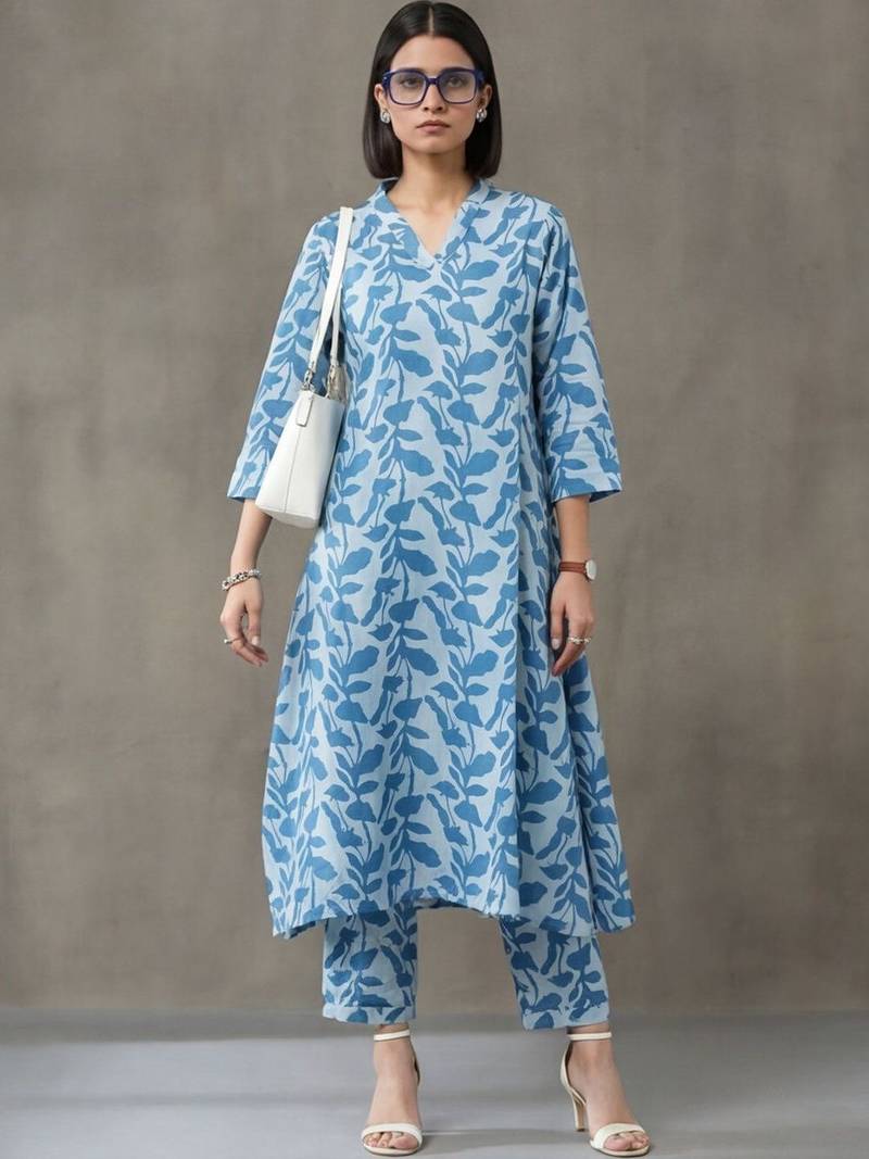 formal women floral printed regular cotton kurta with trousers