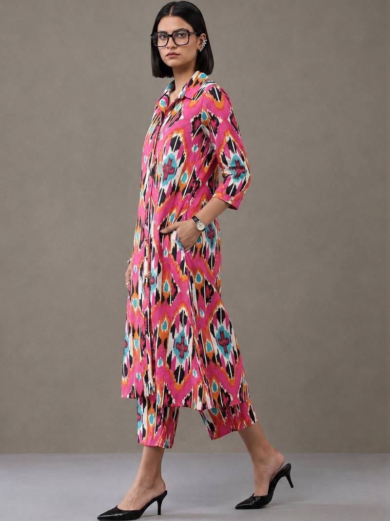 everyday workwear women printed regular cotton kurta with trousers