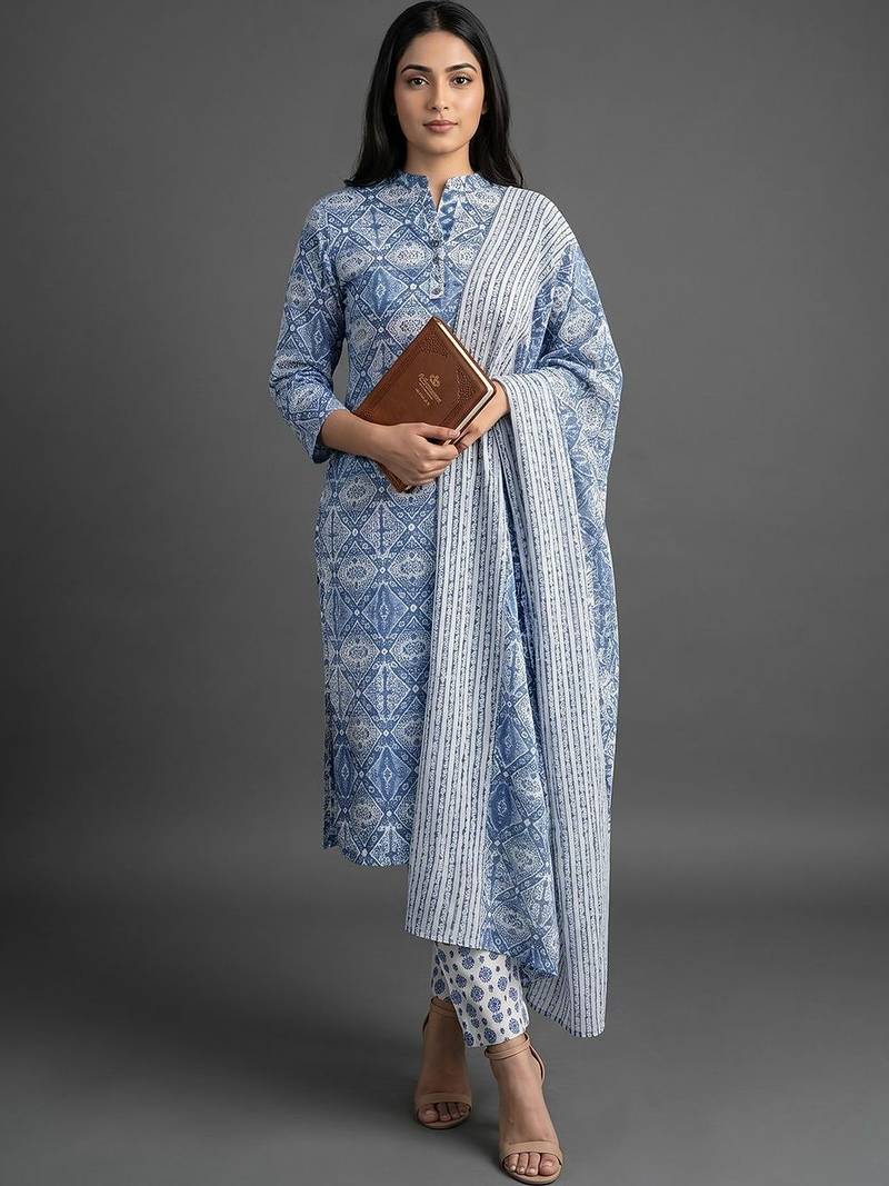 everyday workwear women ethnic motifs printed regular kurta with trousers & with dupatta