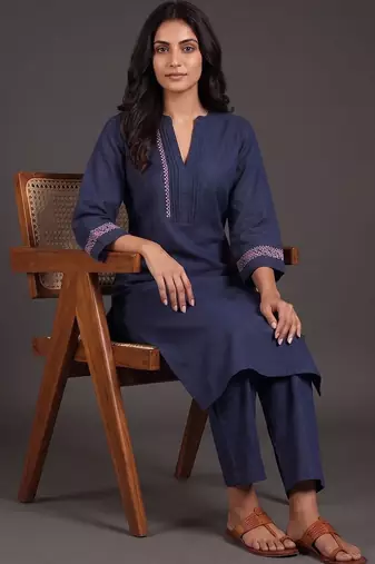 tailored women ethnic motifs embroidered regular thread work kurta with palazzos
