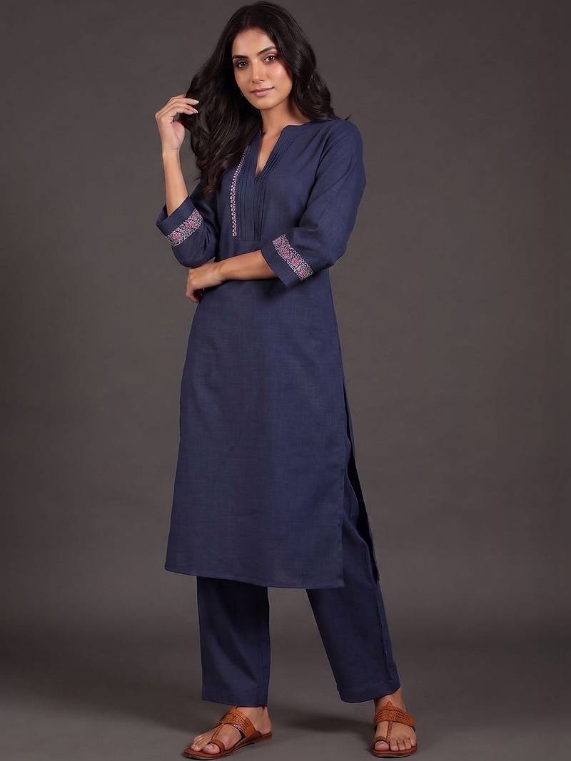 tailored women ethnic motifs embroidered regular thread work kurta with palazzos