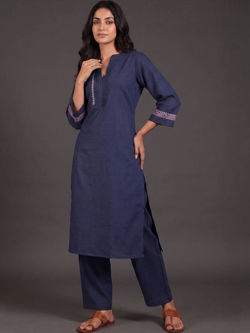 tailored women ethnic motifs embroidered regular thread work kurta with palazzos