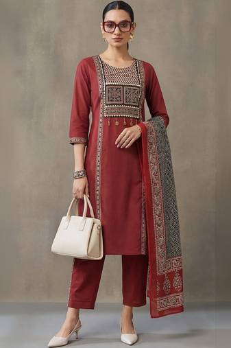 workwear women embroidered regular thread work cotton kurta with trousers & with dupatta