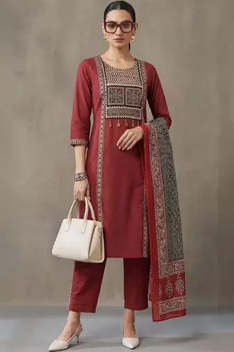 workwear women embroidered regular thread work cotton kurta with trousers & with dupatta