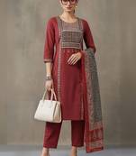 workwear women embroidered regular thread work cotton kurta with trousers & with dupatta
