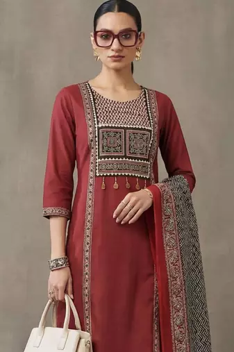 workwear women embroidered regular thread work cotton kurta with trousers & with dupatta