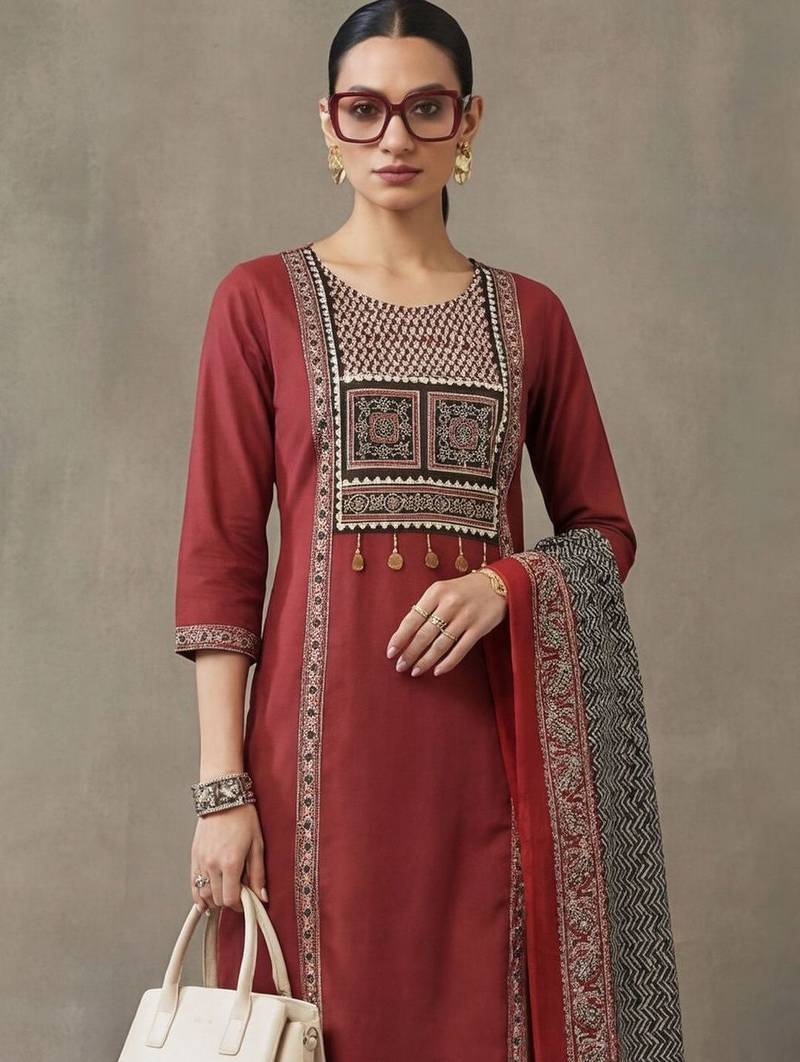 workwear women embroidered regular thread work cotton kurta with trousers & with dupatta
