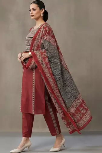workwear women embroidered regular thread work cotton kurta with trousers & with dupatta