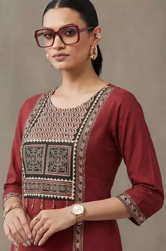 workwear women embroidered regular thread work cotton kurta with trousers & with dupatta