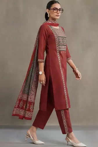 workwear women embroidered regular thread work cotton kurta with trousers & with dupatta