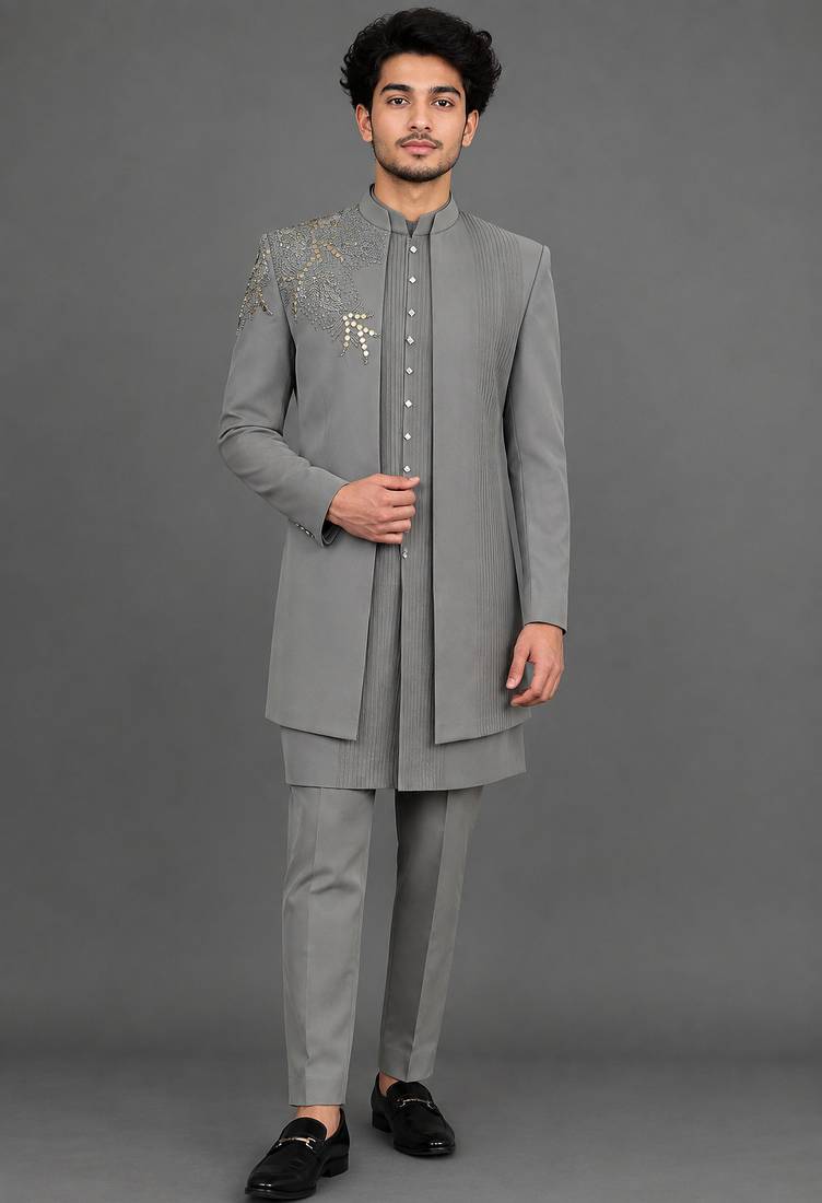 Sage green embroidered indo-western sherwani set