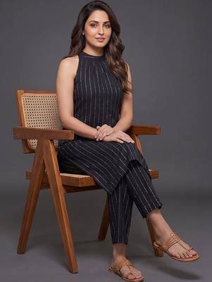 structured women striped regular silk crepe kurta with trousers 1
