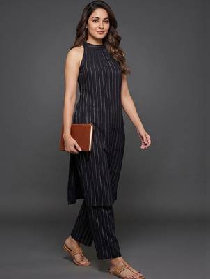 structured women striped regular silk crepe kurta with trousers 2