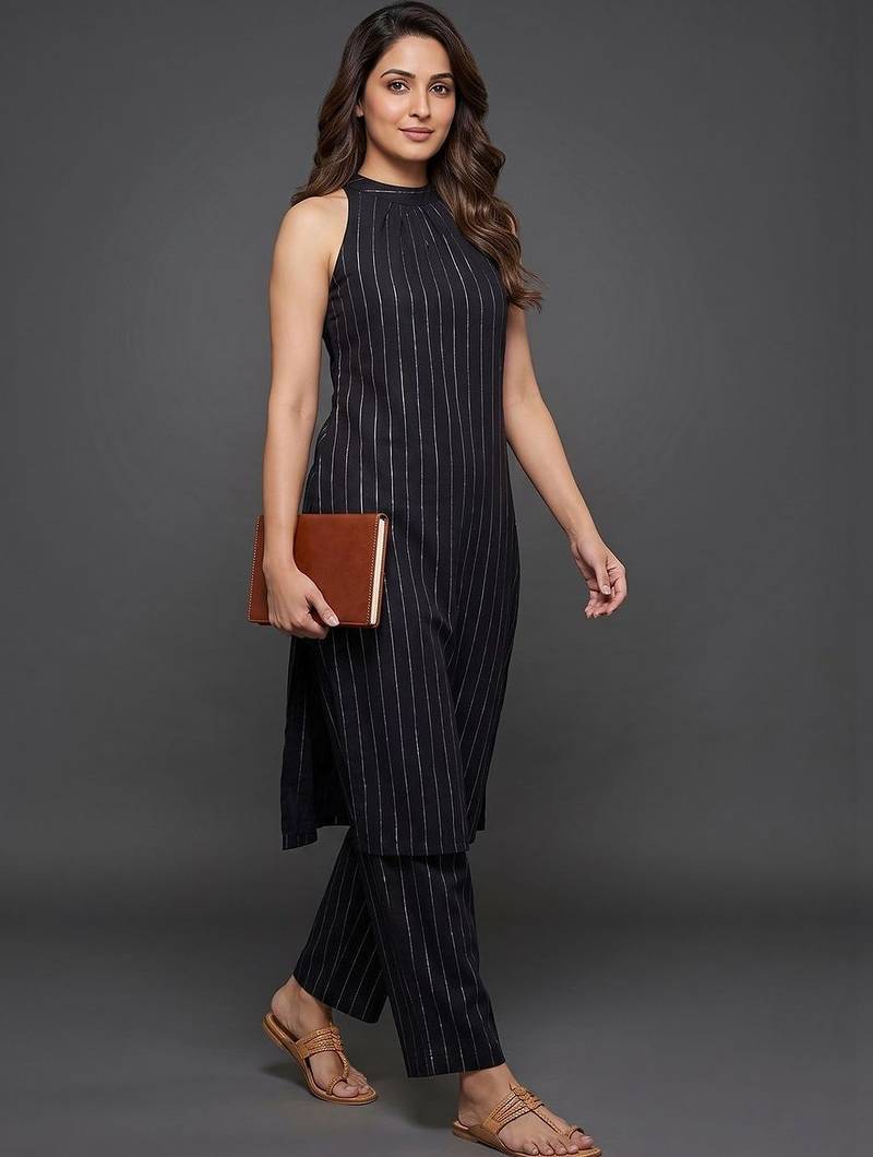 structured women striped regular silk crepe kurta with trousers