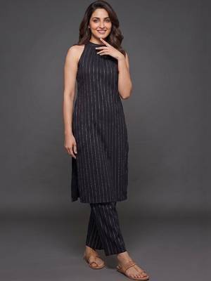 structured women striped regular silk crepe kurta with trousers 7