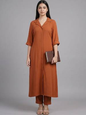 everyday workwear women regular silk crepe kurta with trousers 1