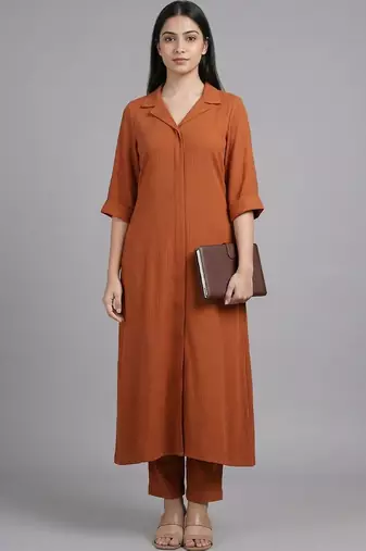 everyday workwear women regular silk crepe kurta with trousers