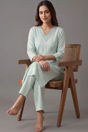 formal women regular mirror work kurta with trousers