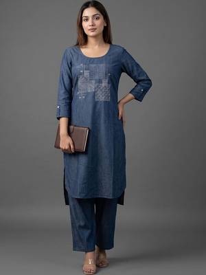 workwear women ethnic motifs embroidered regular thread work kurta with trousers 1
