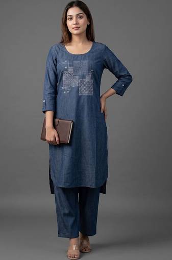 workwear women ethnic motifs embroidered regular thread work kurta with trousers
