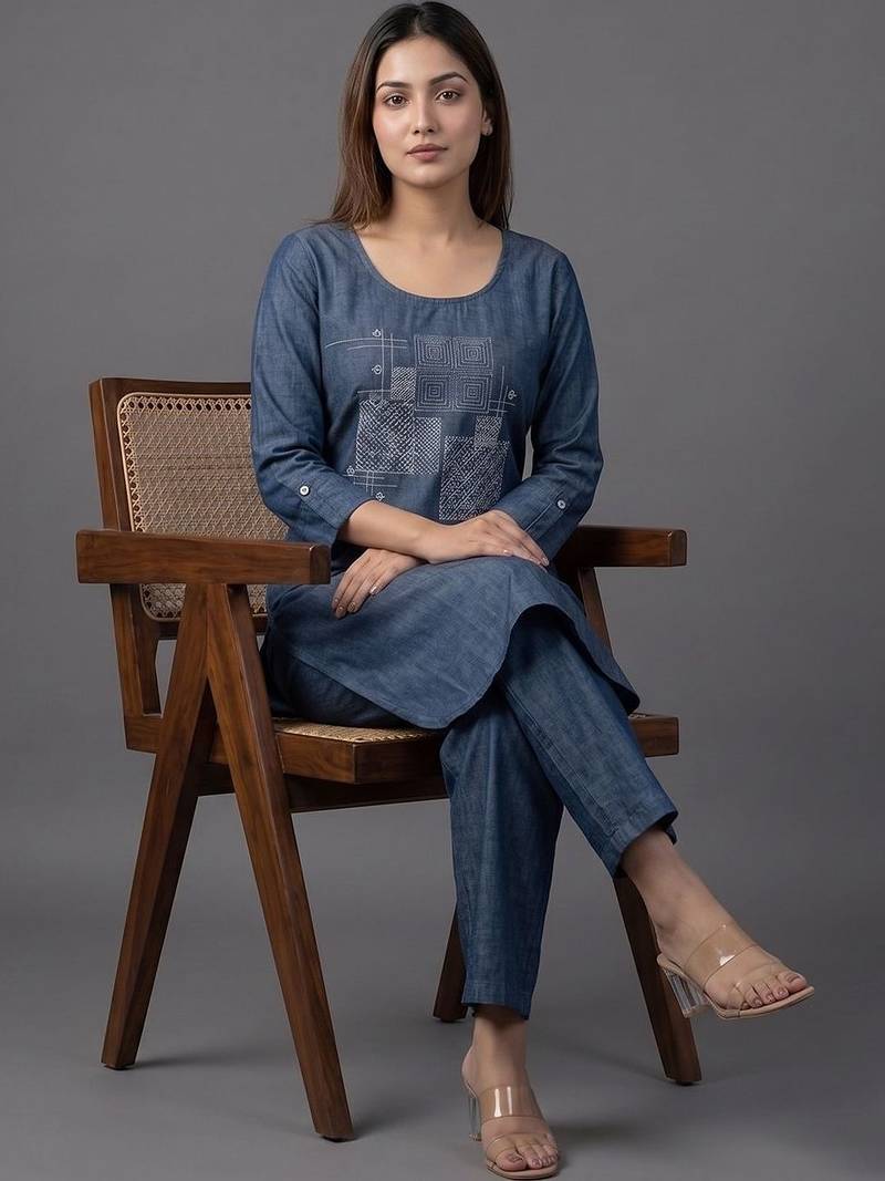 workwear women ethnic motifs embroidered regular thread work kurta with trousers