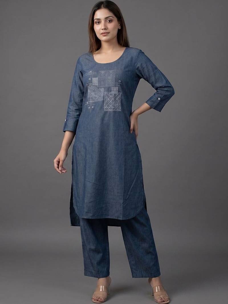 workwear women ethnic motifs embroidered regular thread work kurta with trousers