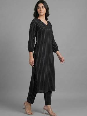 tailored women striped regular silk crepe kurta with trousers 5