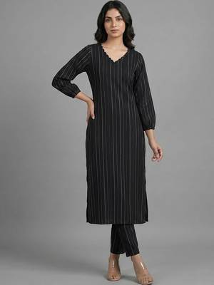 tailored women striped regular silk crepe kurta with trousers 6