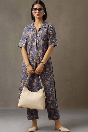 structured women floral printed regular cotton kurta with trousers