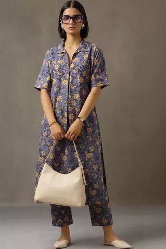 structured women floral printed regular cotton kurta with trousers
