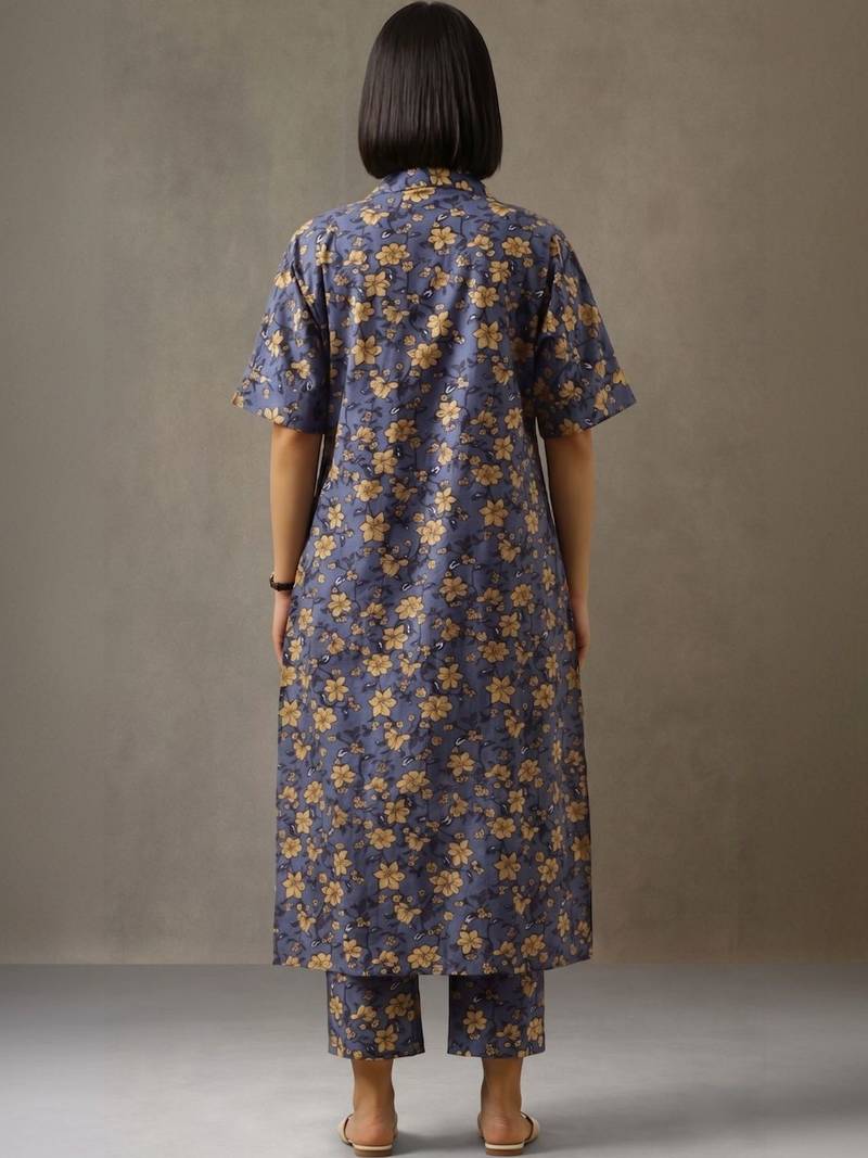 structured women floral printed regular cotton kurta with trousers