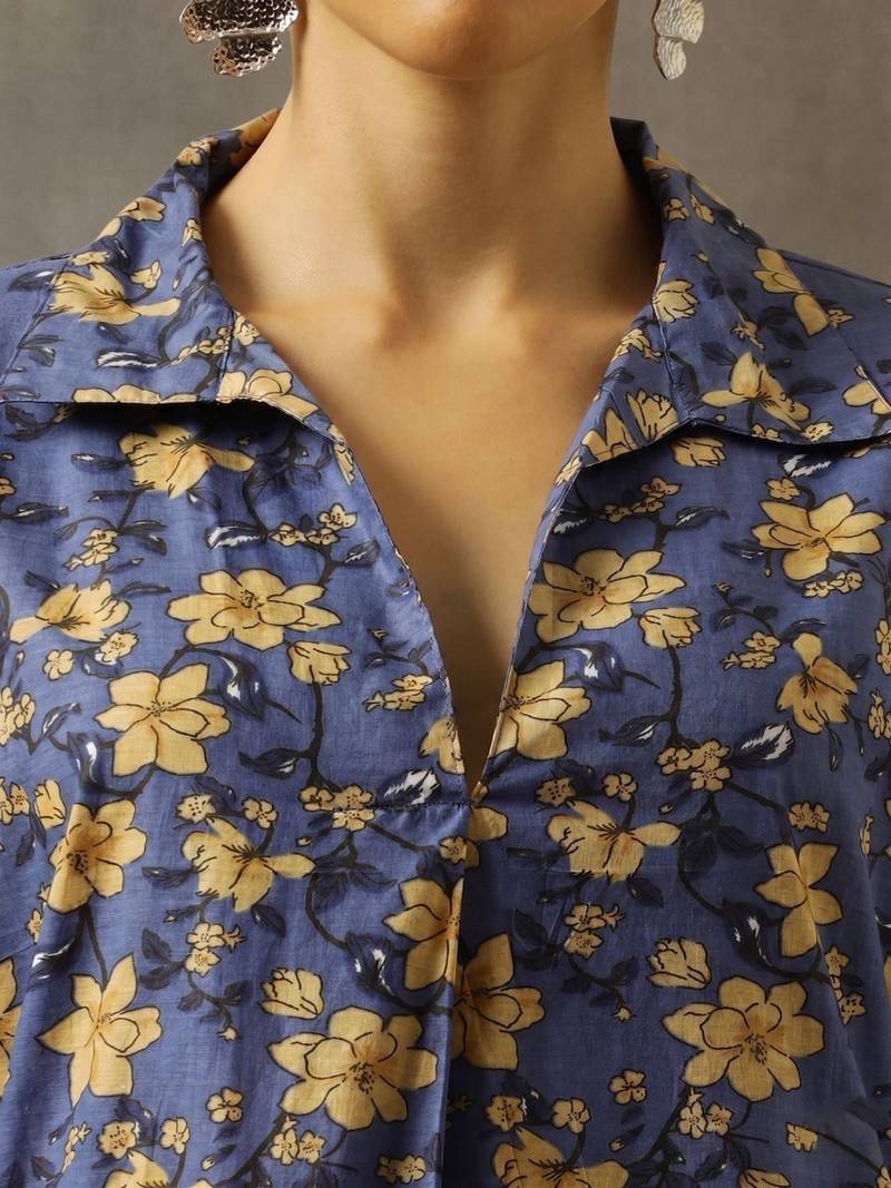 structured women floral printed regular cotton kurta with trousers