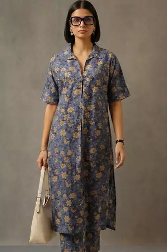 structured women floral printed regular cotton kurta with trousers