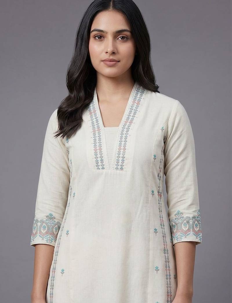 everyday workwear women ethnic motifs embroidered regular thread work kurta with trousers