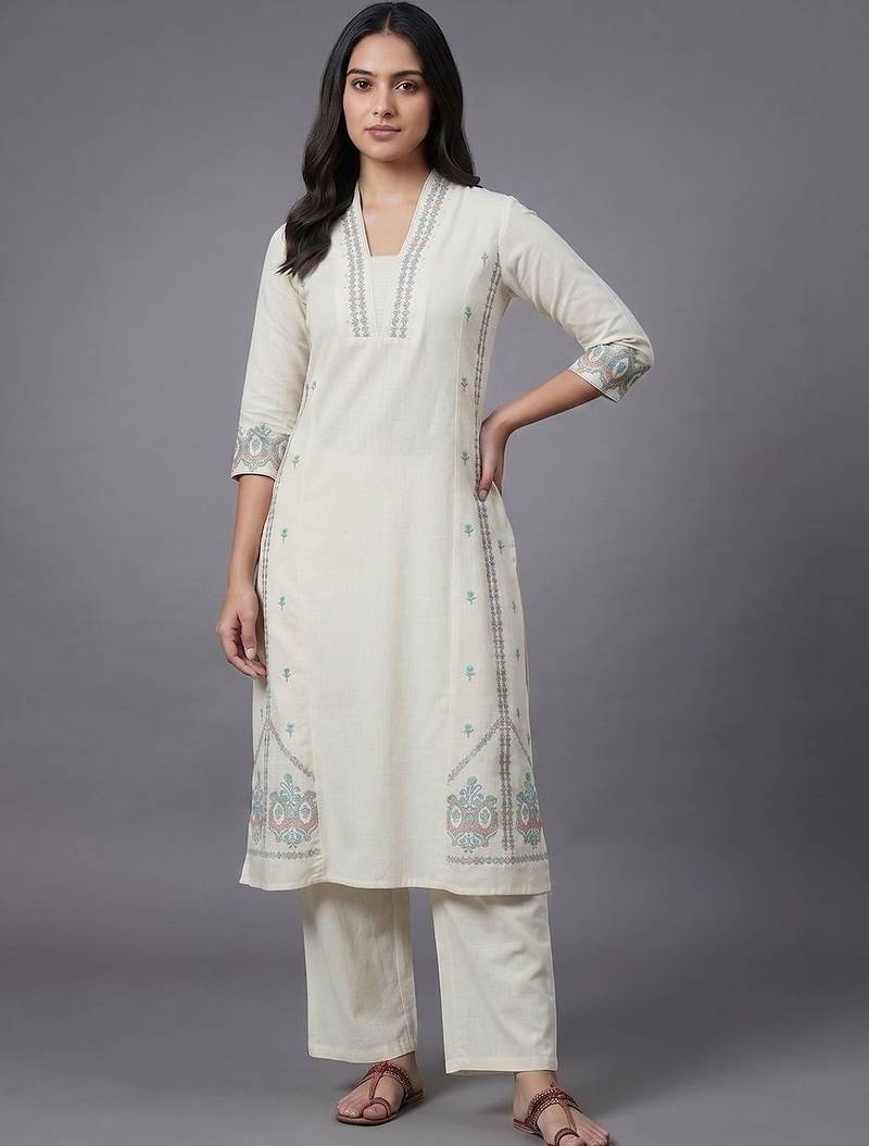 everyday workwear women ethnic motifs embroidered regular thread work kurta with trousers