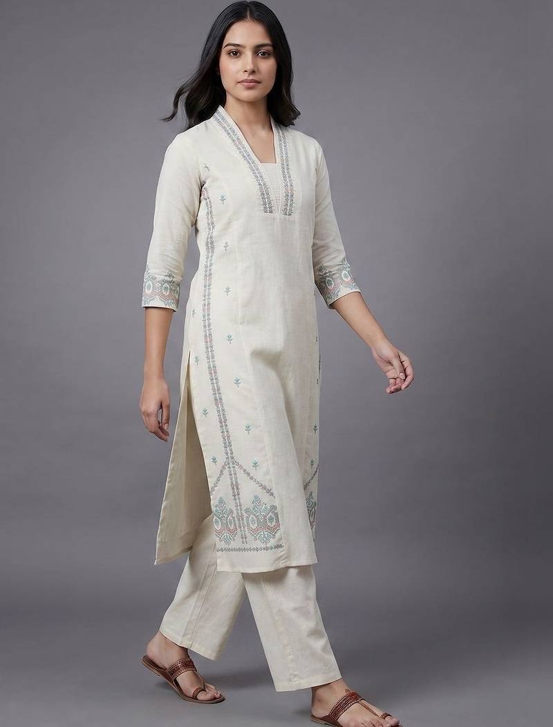 everyday workwear women ethnic motifs embroidered regular thread work kurta with trousers