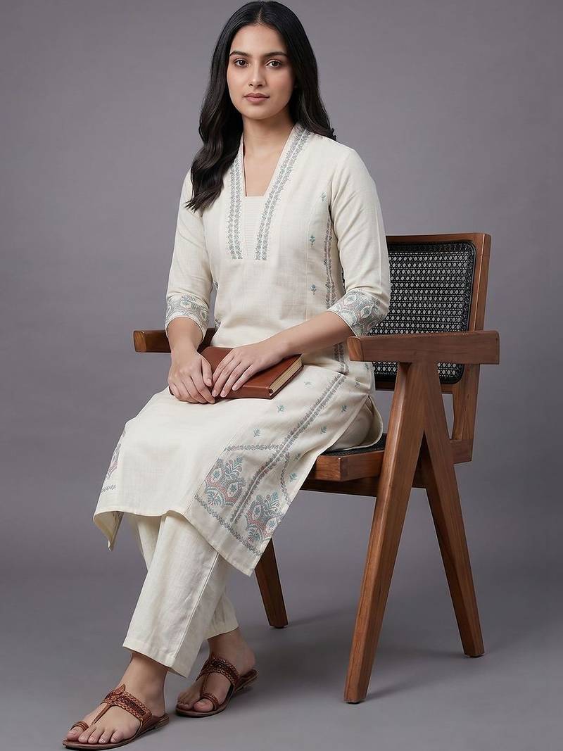 everyday workwear women ethnic motifs embroidered regular thread work kurta with trousers