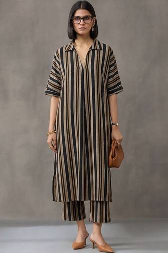 workwear women striped regular cotton kurta with trousers