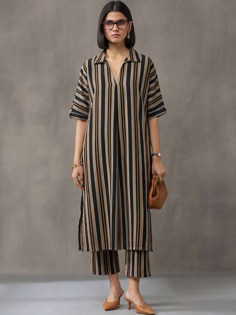 workwear women striped regular cotton kurta with trousers