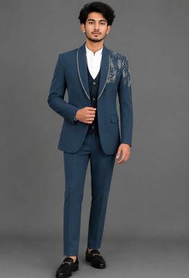 Teal blue embellished shawl lapel tuxedo set 1