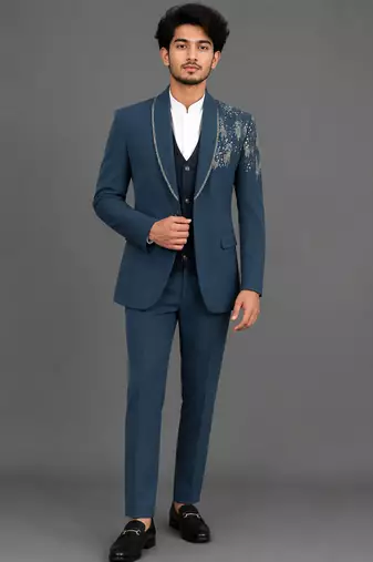 Teal blue embellished shawl lapel tuxedo set