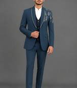 Teal blue embellished shawl lapel tuxedo set
